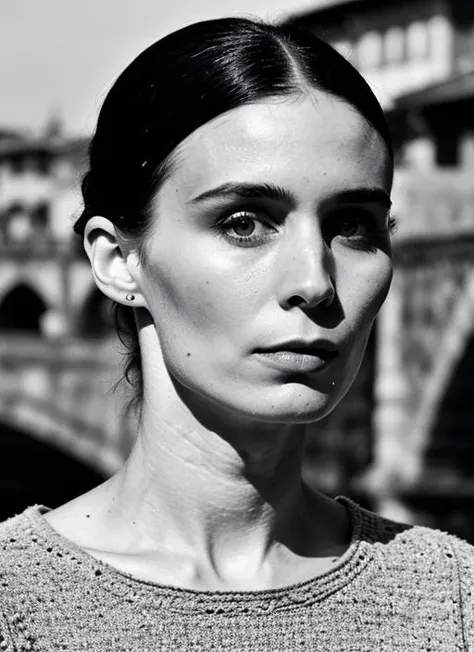 portrait of sks woman in Florence, at the Ponte Vecchio, by Flora Borsi, style by Flora Borsi, bold, bright colours, ((Flora Borsi)), by Edward Weston, <lora:locon_rooneymara_v1_from_v1_64_32:1>