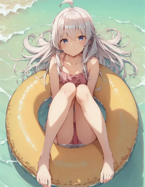 score_9, score_8_up, score_7_up, 1girl, solo,  elaina, majo no tabitabi, white hair, long hair,  ahoge, blue eyes,  looking at viewer,  <lora:Elaina-2:1>, pink bikini, blush, smile, bare arms, blush, knees up, innertube, on innertube, ocean, water, day