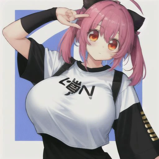 anime girl with pink hair and black and white shirt posing