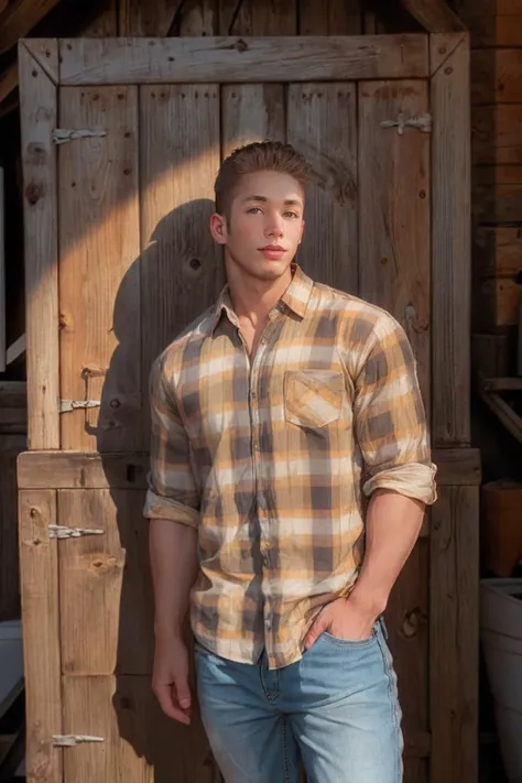 photo of matthew_rush <lora:matthew_rush-07:0.75> standing outdoors in front of a barn, wearing a farmers shirt and jeans, one hand in pocket, confident hopeful expression, natural light, golden hour