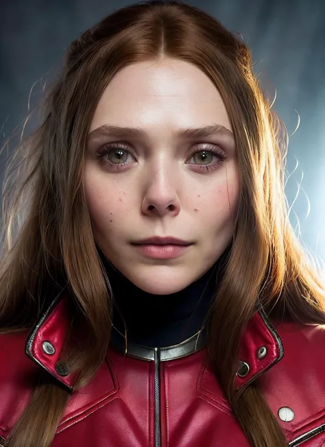 closeup portrait of skswoman, happy , wearing red jacket , with red long hair , wanda maximoff cosplay, background wrestling ring epic (photo, studio lighting, hard light, sony a7, 50 mm, matte skin, pores, colors, hyperdetailed, hyperrealistic), <lyco:Eli...