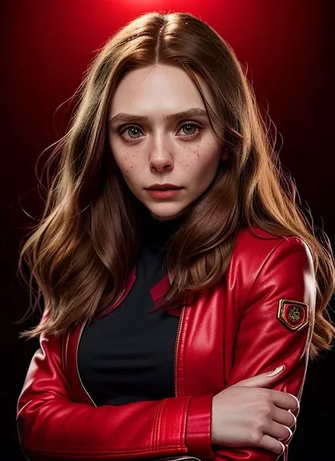 portrait of skswoman, happy , wearing red jacket , with red long hair , wanda maximoff cosplay, background simple epic (photo, studio lighting, hard light, sony a7, 50 mm, matte skin, pores, colors, hyperdetailed, hyperrealistic), <lyco:Elizabeth Olsen:0.9...