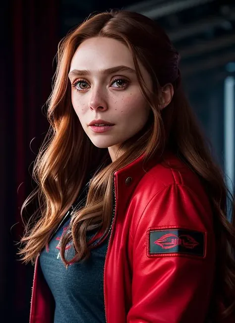 portrait of skswoman, happy , wearing red jacket , with red long hair , wanda maximoff cosplay, background valley epic (photo, studio lighting, hard light, sony a7, 50 mm, matte skin, pores, colors, hyperdetailed, hyperrealistic), <lyco:Elizabeth Olsen:0.9...