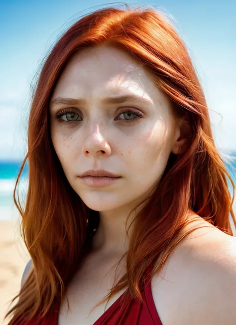 portrait of skswoman, frown , wearing beachwear , with red Straight hair , background fantasy city epic (photo, studio lighting, hard light, sony a7, 50 mm, matte skin, pores, colors, hyperdetailed, hyperrealistic), <lyco:Elizabeth Olsen:1.0>