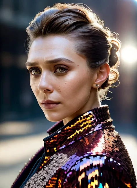 portrait of skswoman, frustrated , wearing sequined , with ash brown Updo , background alleyway epic (photo, studio lighting, hard light, sony a7, 50 mm, matte skin, pores, colors, hyperdetailed, hyperrealistic), <lyco:Elizabeth Olsen:1.0>