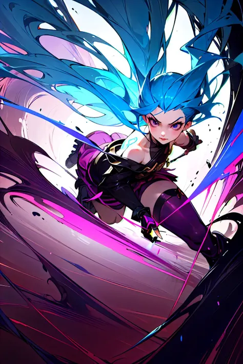 five fingers,(masterpiece,best quality,highres:1.2),<lora:JinxLol:1.3>,jinxlol,1girl,blue hair,black gloves,off shoulder,black shorts,black footwear,purple legwear,arm tattoo,motion pose,full body,face focus,focus sharp,(smile:0.7),abstract background,((in...