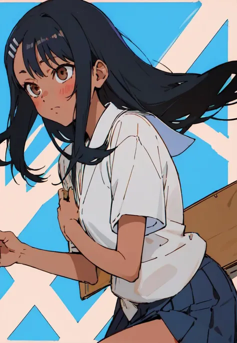 masterpiece, best quality, 4k, female, <lora:Nagatoro_V3:0.55> nagatoro hayase, hair ornament, brown eyes, hairclip ,(dark skin),long black hair ,school unifrom, dark blue skirt, <lora:Flater:1>