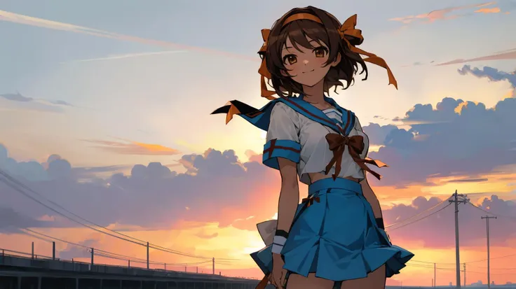 masterpiece, best quality, highres, 1girl, suzumiya haruhi, solo, kita high school uniform, blue sailor collar,  sailor collar, blue skirt, brown hair, short hair, brown eyes, armband, hairband, medium hair, ribbon, socks, medium breasts,  cowboy shot, sta...