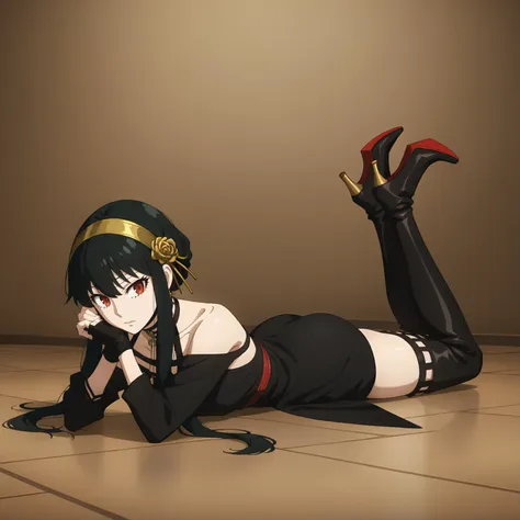 anime girl laying on the floor with her legs crossed