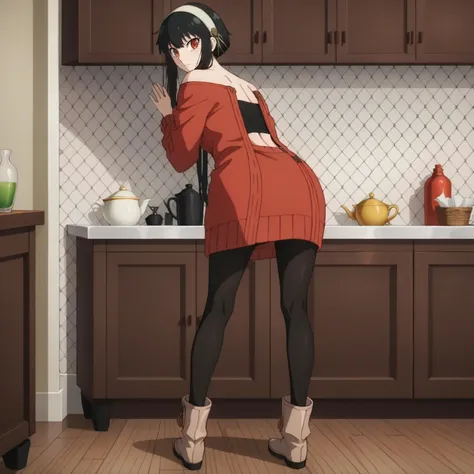 anime girl in red dress standing in kitchen with brown cabinets