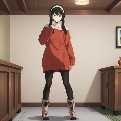 anime girl in a red sweater and black leggings standing in a room