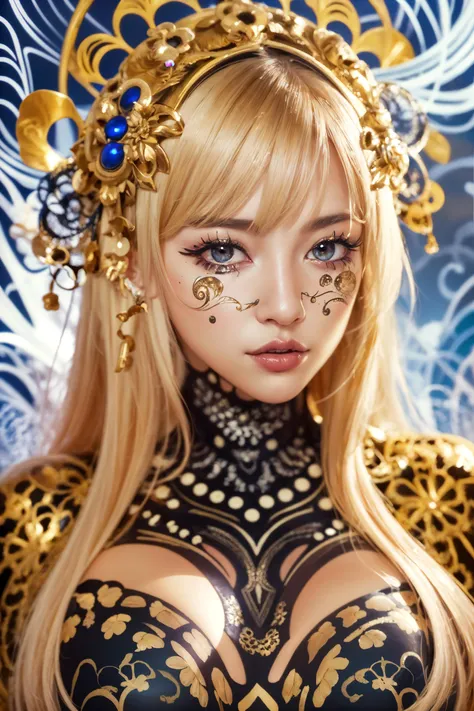 Ray Tracing, Global Illumination, 1girl, chibi:1.19, dark_goldenrod large eyes, detailed face, detailed eyes, natural blonde, long hair, straight hairstyle, excited_face, shiny skin, large breasts, thick thighs, (zentangle:1.2), (fractal art:1.1), (dynamic...