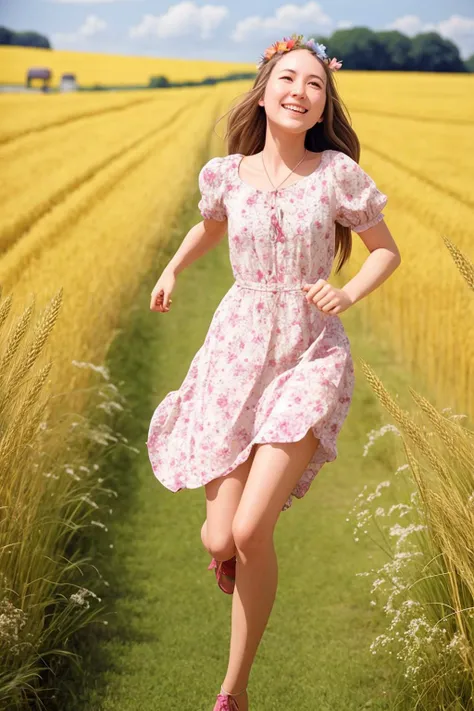 a pretty hippy running carefree through a wheatfield. 1968. flowery summer dress. (candid photograph, film grain, 35mm, ISO200, f/1.8:0.7) <lora:GoodHands-vanilla:1>