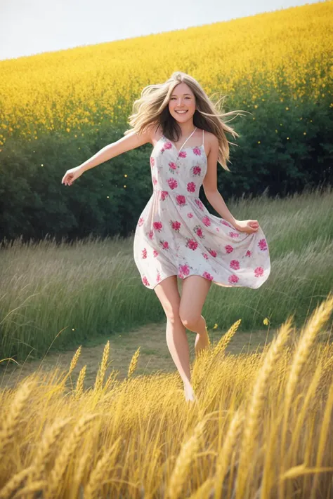 a pretty hippy running carefree through a wheatfield. 1968. flowery summer dress. (candid photograph, film grain, 35mm, ISO200, f/1.8:0.7) <lora:GoodHands-vanilla:1>