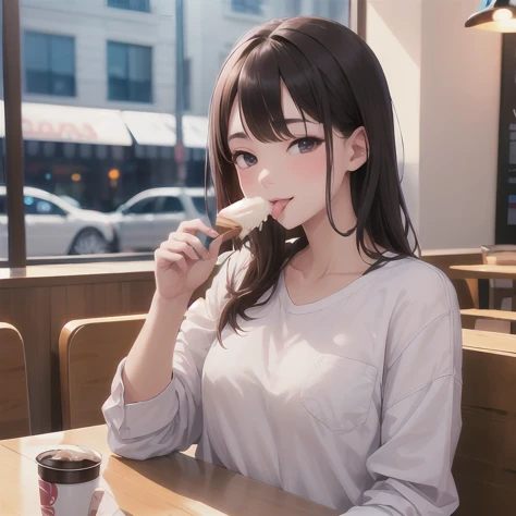 1girl, solo, skinny, oversize shirt, sitting at cafe, licking icecream, long tongue, seducing face, half closed eyes, looking at icecream, blushy, hdr, bokeh, detailed, high quality, raw, 4k, masterpiece, high contrast transitions