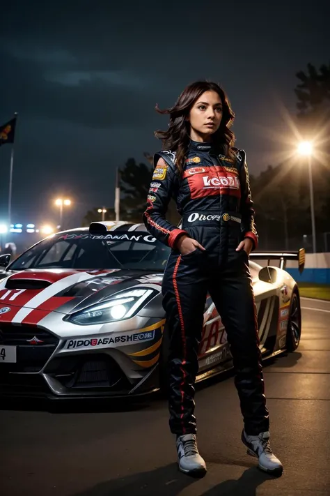 RAW Photo,DSLR,BREAK ultra detailed (masterpiece, best quality),Sportscar, woman,Standing Interview， racing flag, harsh camera flash