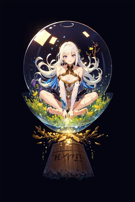 [(Transparent background:1.5)::5],(((masterpiece))),(((best quality))),(((extremely detailed))),illustration, 1girl,solo,mysterious,vivid color,shiny, underwater transparent sealed hemispherical glass dome, (white hair),(purple eyes), full body,barefoot,lo...