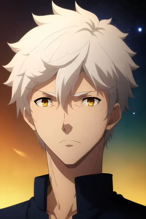 a man with white hair and yellow eyes looks at the camera