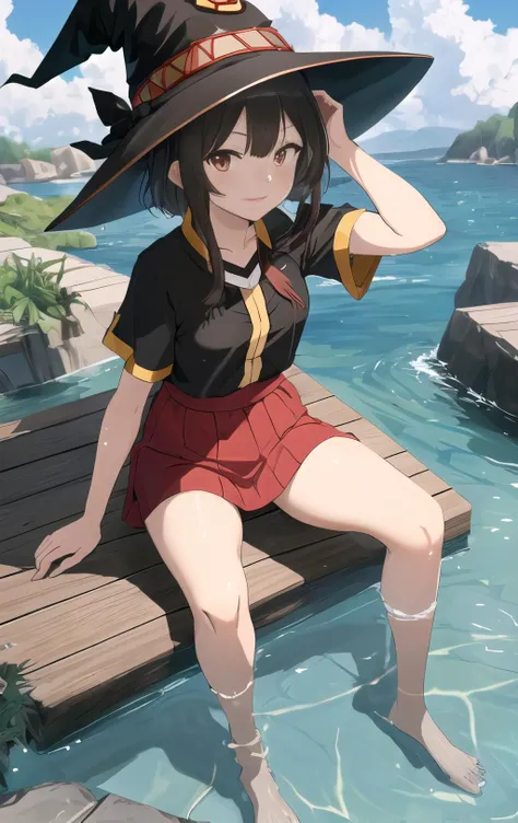 best quality, masterpiece, highres, {megumin_konosuba:1.15}, short_hair, brown_hair, red_eyes, hat, witch_hat, black_hair, sidelocks,beautiful_face,full body,4k,bathing,water