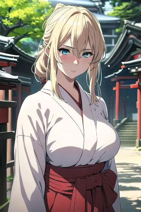 masterpiece, best quality, ultra-detailed, 1girl, busty,
blond hair,blue eyes,adult-like,
Various expressions,
Japanese shrine maiden,red hakama,white kimono,
,outdoor,Shrines of Japan,