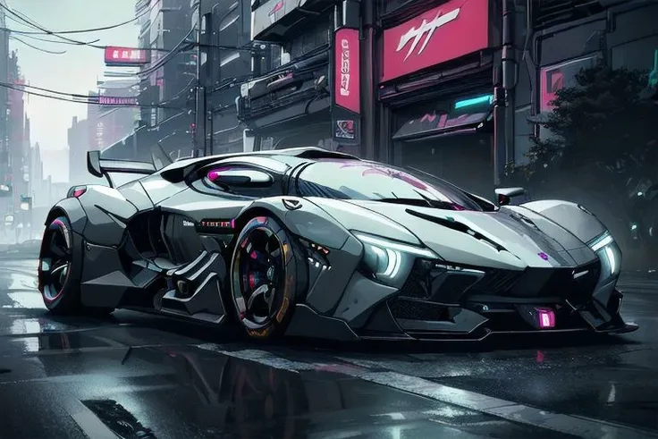 a close up of a futuristic car on a city street