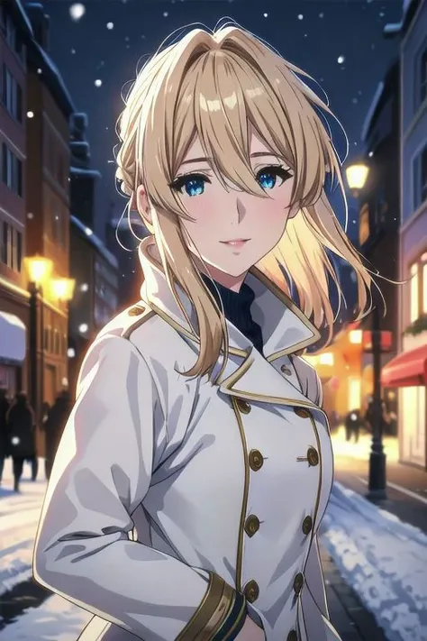 masterpiece,best quality, ultra res, extremely detailed, 1woman, blond hair, lips, blue eyes,Violet Evergarden,Upper body up
city,street at night,snow,Its snowing.,Lots of snow.,
Various expressions,smile a little,
jeans,white shirt,coat,Light brown coat,