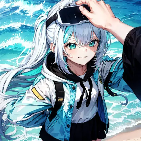 <lora:epinel-000012:0.8>,epinel (nikke),white hoodie, open jacket, drawstring, black skirt, beach, headpat, HeadpatPOV, <lora:HeadpatPOV:0.8>, 1girl, solo, smirk, ^_^, pov, from above,