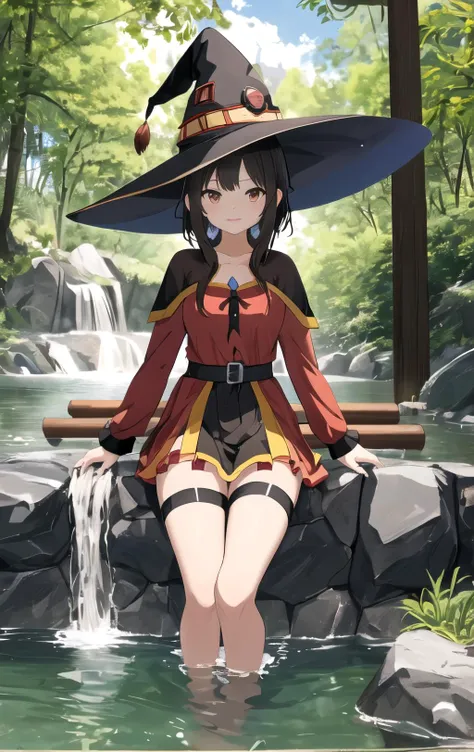 best quality, masterpiece, highres, {megumin_konosuba:1.15}, short_hair, brown_hair, red_eyes, hat, witch_hat, black_hair, sidelocks,beautiful_face,full body,4k,bathing,water