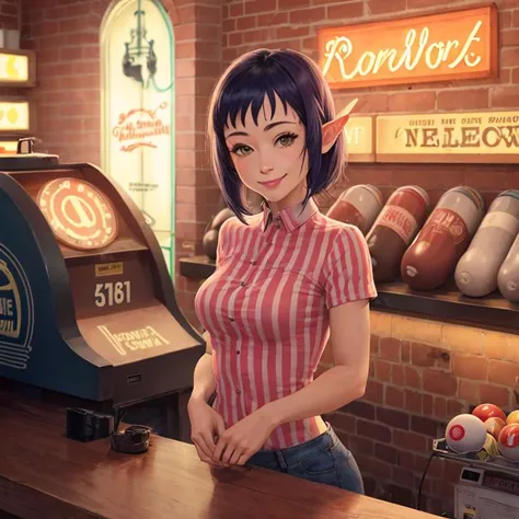 masterpiece, best quality, bombchu lady, striped shirt, bowling alley, brick wall, standing behind counter, neon sign on wall, smile, closed mouth, twinkle