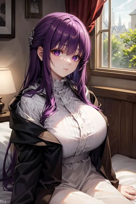 masterpiece,best quality,highly detailed,
<lora:add_detail:0.8>,1girl,large breasts,long hair,
indoors,bedroom,pillow,lamp,curtains,window,<lora:Power_Mix:0.3>,<lora:ferunn:1>,:i,=3,1girl,purple hair,sidelocks,hair ornament,purple eyes,hood down,white shir...