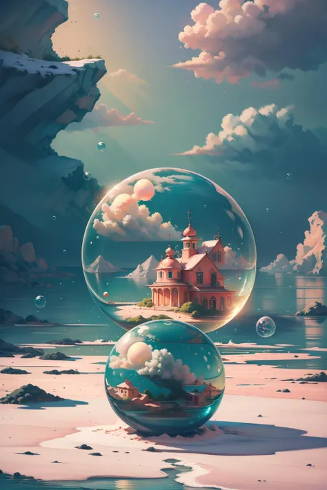 masterpiece:1.13), (extreme quality:1.0), a beautiful scenery landscape surrounding a single peaceful floating bubble, beautiful, rz88p4stl