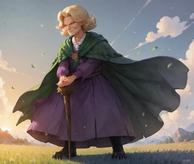 a woman in a purple dress and green cape standing in a field