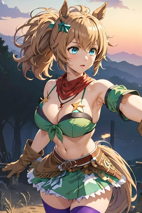 (masterpiece, best quality), 1girl,  <lora:TaikiShuttle:1> taikiuma, aqua eyes, horse girl, star hair ornament, horse tail, bandana, bare shoulders, cleavage, front-tie top, bikini under clothes, armband, navel, brown gloves, skirt, star (symbol), belt, ho...