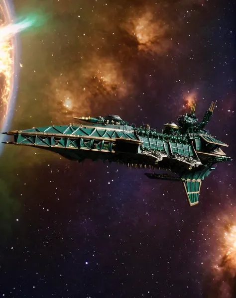 SDXL_Realism_Zip, <lora:Chaos_Warfleet_-_Warhammer_40000_SDXL:1> chaoswarfleet spacecraft green nurlge warship flying in deep space in front of a nebula, a massive burning star in the background