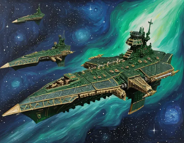 painting of a green spaceship with a green star in the background