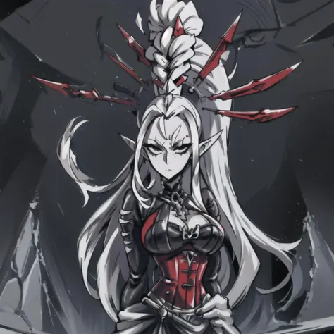 single, solo, (yvraine), long white hair, braid, grey eyes, pointy ears, silver hair, topknot, hair ornament, red corset, medium size breasts, Goth, looking at viewer, in cathedral, 
((best quality)), ((masterpiece)), ((realistic)), (detailed), high detail...