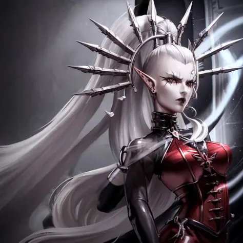 single, solo, (yvraine), long white hair, braid, grey eyes, pointy ears, silver hair, topknot, hair ornament, red corset, small size breasts, Goth, looking at viewer, in cathedral, 
((best quality)), ((masterpiece)), ((realistic)), (detailed), high detail,...