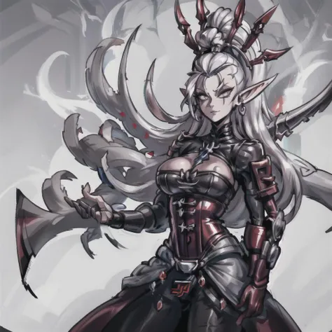 single, solo, (yvraine), long white hair, braid, grey eyes, pointy ears, silver hair, topknot, hair ornament, red corset, medium size breasts, Goth, looking at viewer, in cathedral, 
((best quality)), ((masterpiece)), ((realistic)), (detailed), high detail...