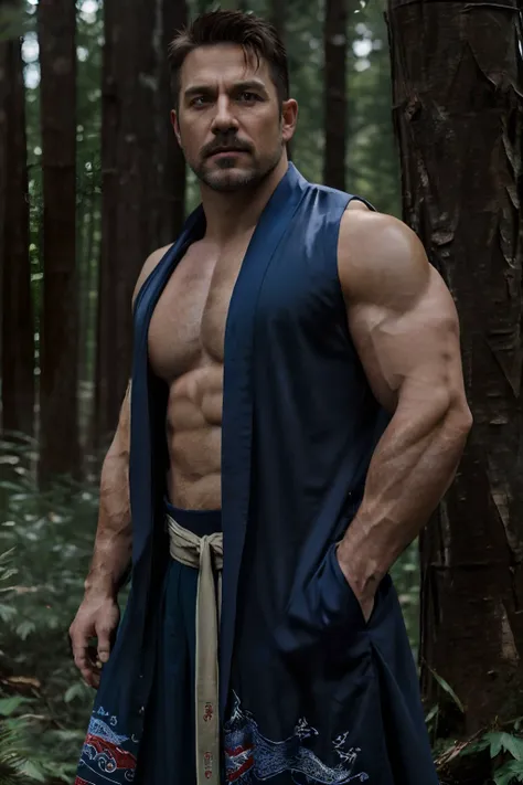 a award winning raw photo of a wild muscular man standing in forest, (40 years old daddy:1.1), 1boy, solo, (red print robe:1.1), (blue long print skirt:1.1), (big shoulders, muscle, stubble, short beard, beautiful eyes:1.3), (chengjianbin:1), (weizhenrong:...