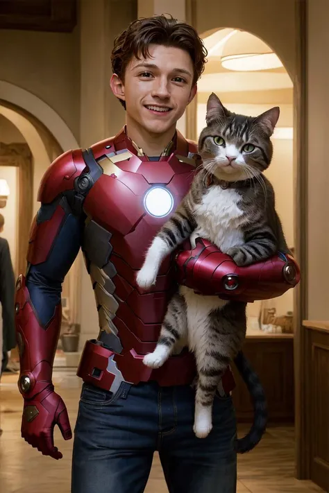 (masterpiece:1.2, best quality:1.2),ultra-detailed, <lora:tom-holland-v2:1> tom holland, ironman costume, smile, indoor, comic-con, cowboy shot, holding cat,