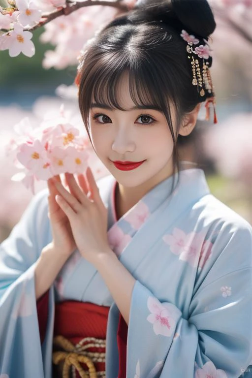 ultra-detailed,highly detailed,best quality,masterpiece,illustration,realistic,
kimono, 1girl, solo, japanese clothes, kimono, holding flower, black hair, looking at viewer, blurry background, blurry, flower, holding, smile, upper body, red lips, branch, b...