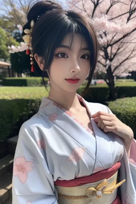 ultra-detailed,highly detailed,best quality,masterpiece,illustration,realistic,
1girl, solo, upper body,
kimono,japanese clothes,obi, sash, floral print, traditional media, obijime,
hair ornament, hair flower, single hair bun, short hair, hair up,eyelashes...