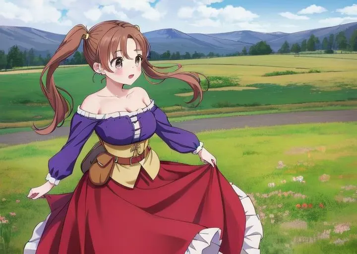 masterpiece, best quality, highres, <lora:lora:0.7>,(Jessica Albert [Dragon Quest], outdoor,large brests,1girl, frilly red skirt, corset, purple shirt, bare shoulders, belt with pouches, brown short twintails,active pose), (covered wagon with white horse i...