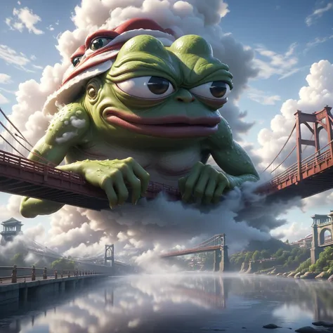 Hyperrealistic art BJ_Sacred_beast,pepe_frog,outdoors,sky,day,cloud,water,blue_sky,no_humans,cloudy_sky,building,scenery,reflection,monster,bridge,fog,
cinematic lighting,strong contrast,high level of detail,Best quality,masterpiece,White background,<lora:...