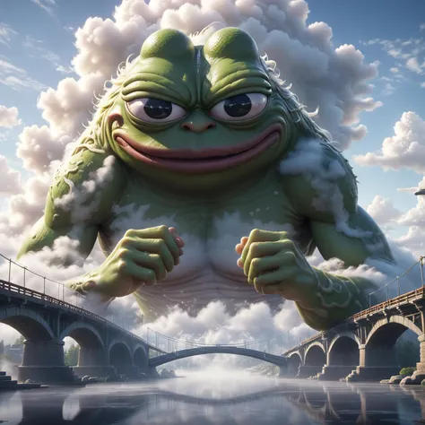 Hyperrealistic art BJ_Sacred_beast,pepe_frog,outdoors,sky,day,cloud,water,blue_sky,no_humans,cloudy_sky,building,scenery,reflection,monster,bridge,fog,
cinematic lighting,strong contrast,high level of detail,Best quality,masterpiece,White background,<lora:...