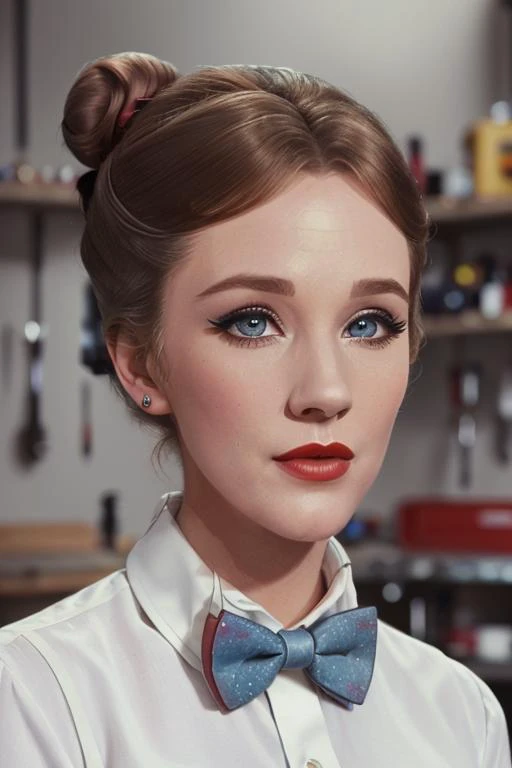 <lora:julieandrews-07:0.5>, julieandrews, ,photo of a woman, ((hair up, hair in bun):1.1) ((bowtie, white shirt):1.2), ((garage, tools, workbench):1.2),((red lipstick, eyeliner, eye shadow, blush)), ((best quality, masterpiece, extreme details, high resolu...