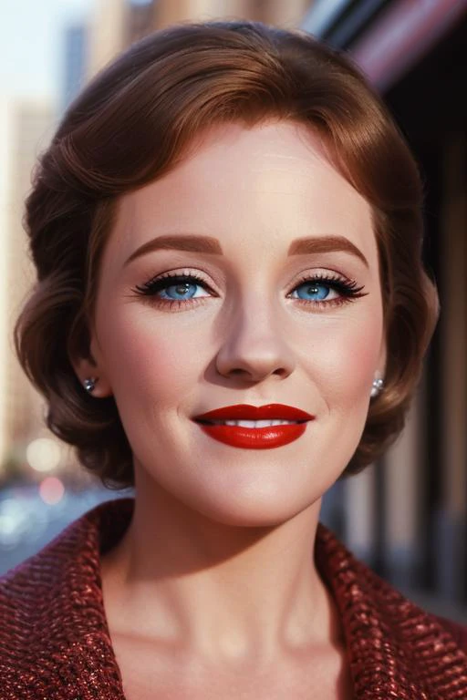 , photo of a woman, , ((outdoors, city)),smiling, (red lipstick, blush), ((best quality, masterpiece, extreme details, high resolution):1.2),((detailed eyes, beautiful eyes, detailed face, beautiful face):1.2) <lora:julieandrews-04:0.5> ,julieandrews, ,