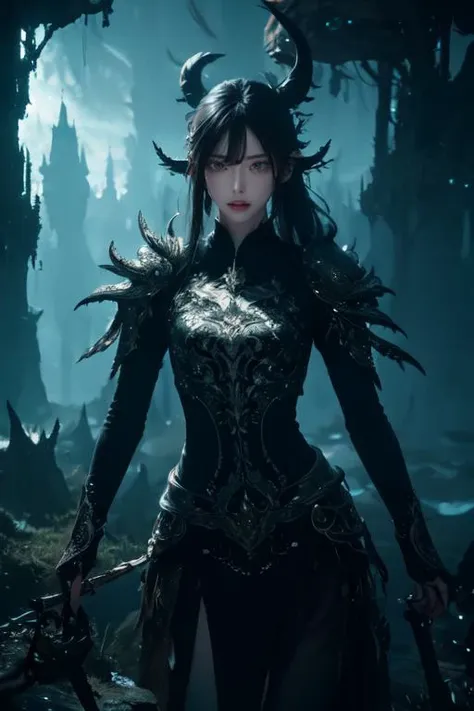 a woman in a black dress holding a sword in a dark forest