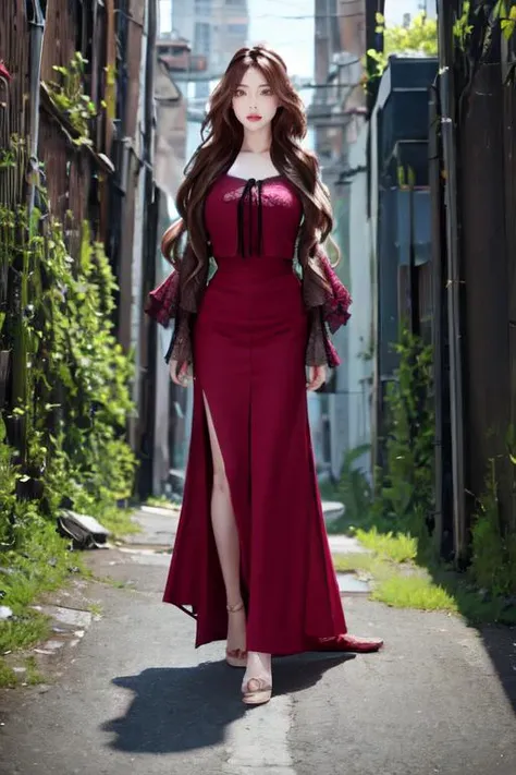 a woman in a red dress is walking down a narrow alleyway