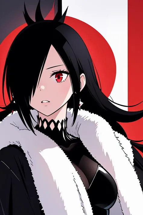 (masterpiece, best quality), 1girl,   <lora:MatoiKazamaki:1> matoiboss, black hair, spiky hair, long hair, hair over one eye ,red eyes, black dress, fur trimmed coat, earrings